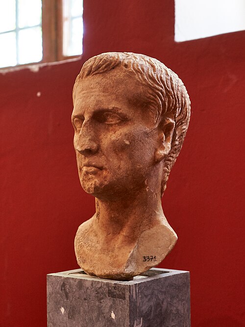 A 1st-century BC marble bust identified as Julius Caesar, on display at the Archaeological Museum of Sparti