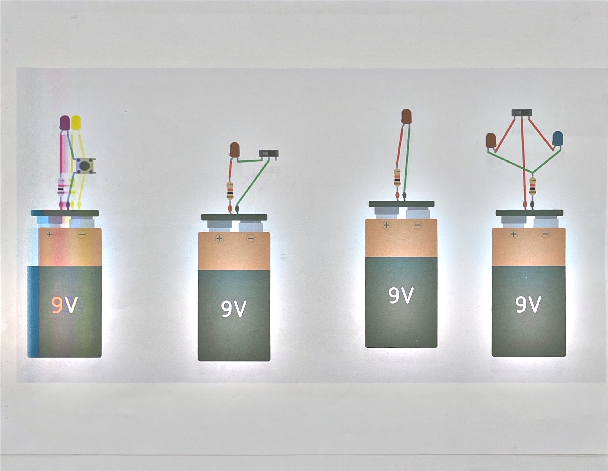 Diagram 3: four 9V battery circuits with LEDs — two LEDs and a pushbutton, one LED behind a slide switch, one LED with no switch at all, and two LEDs sharing one resistor with a switch.