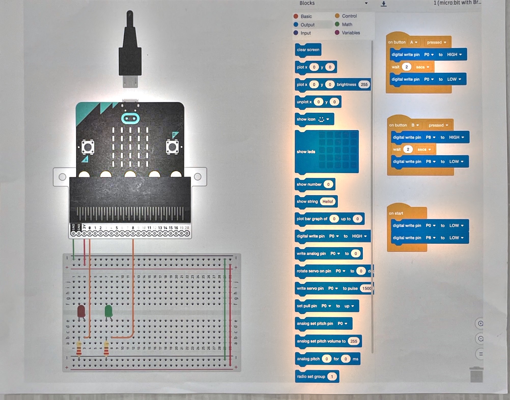 Diagram 8: a micro:bit wired to a breadboard with two LEDs, alongside MakeCode blocks — on button A pressed, digital write pin P0 high, wait 2 seconds, then low; on button B pressed, the same on pin P8; on start, both pins set low.
