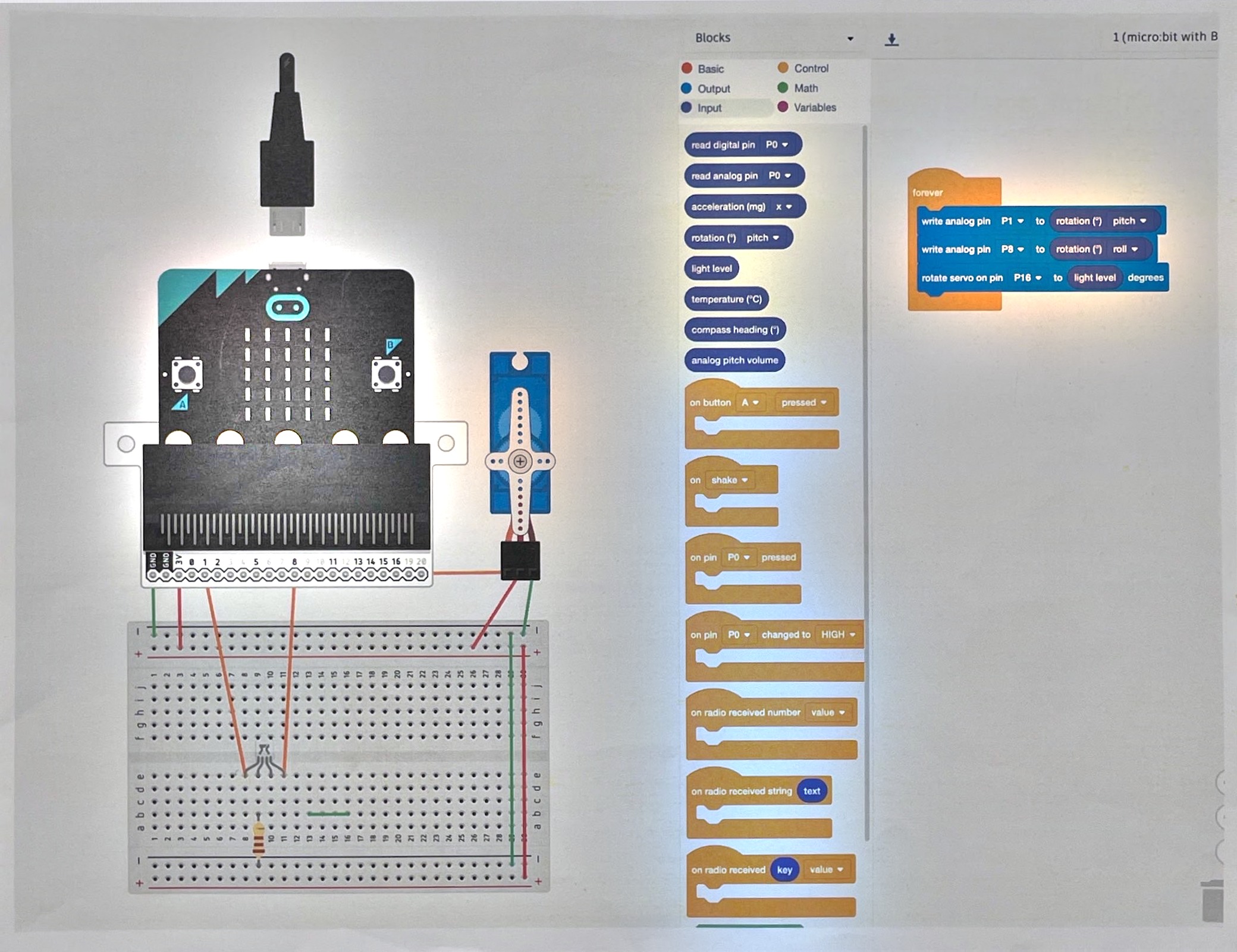 Diagram 9: a micro:bit wired to a breadboard with an LED and a servo, alongside MakeCode blocks — a forever loop that writes analog pin P1 to pitch rotation, writes analog pin P8 to roll rotation, and rotates a servo on pin P16 to the light level.