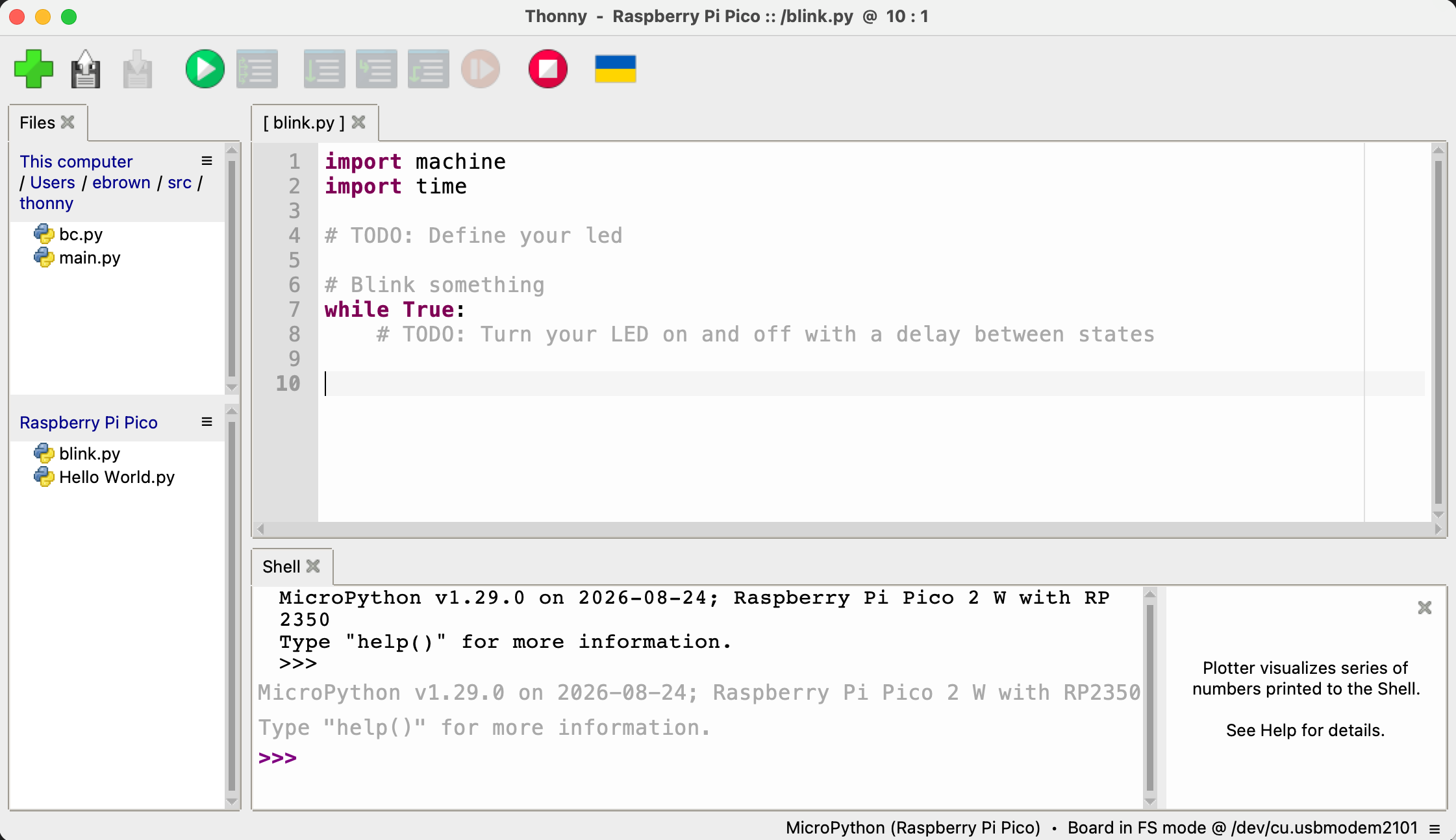 Thonny showing blink.py open and saved to the Raspberry Pi Pico, with the import lines and while True loop typed in and two TODO comments still left to fill in.