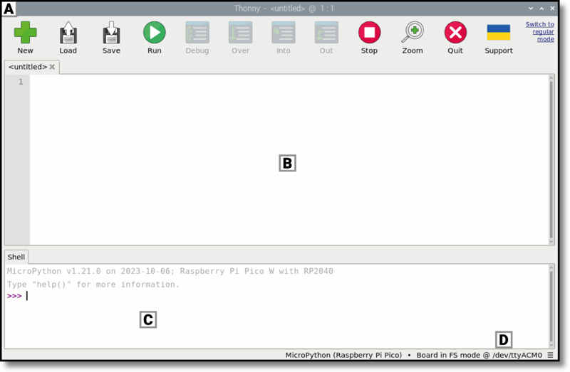 The Thonny window: A, toolbar; B, script area; C, Python shell; D, interpreter