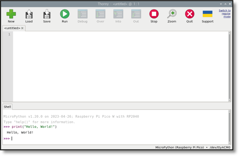 Figure 2-2: MicroPython prints the ‘Hello, World!’ message in the shell area