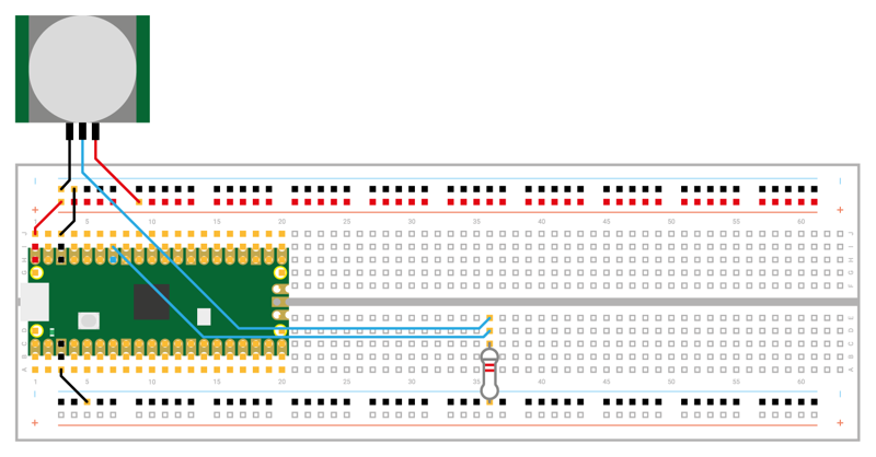Figure 7-1: Wiring an HC-SR501 PIR sensor to your Pico