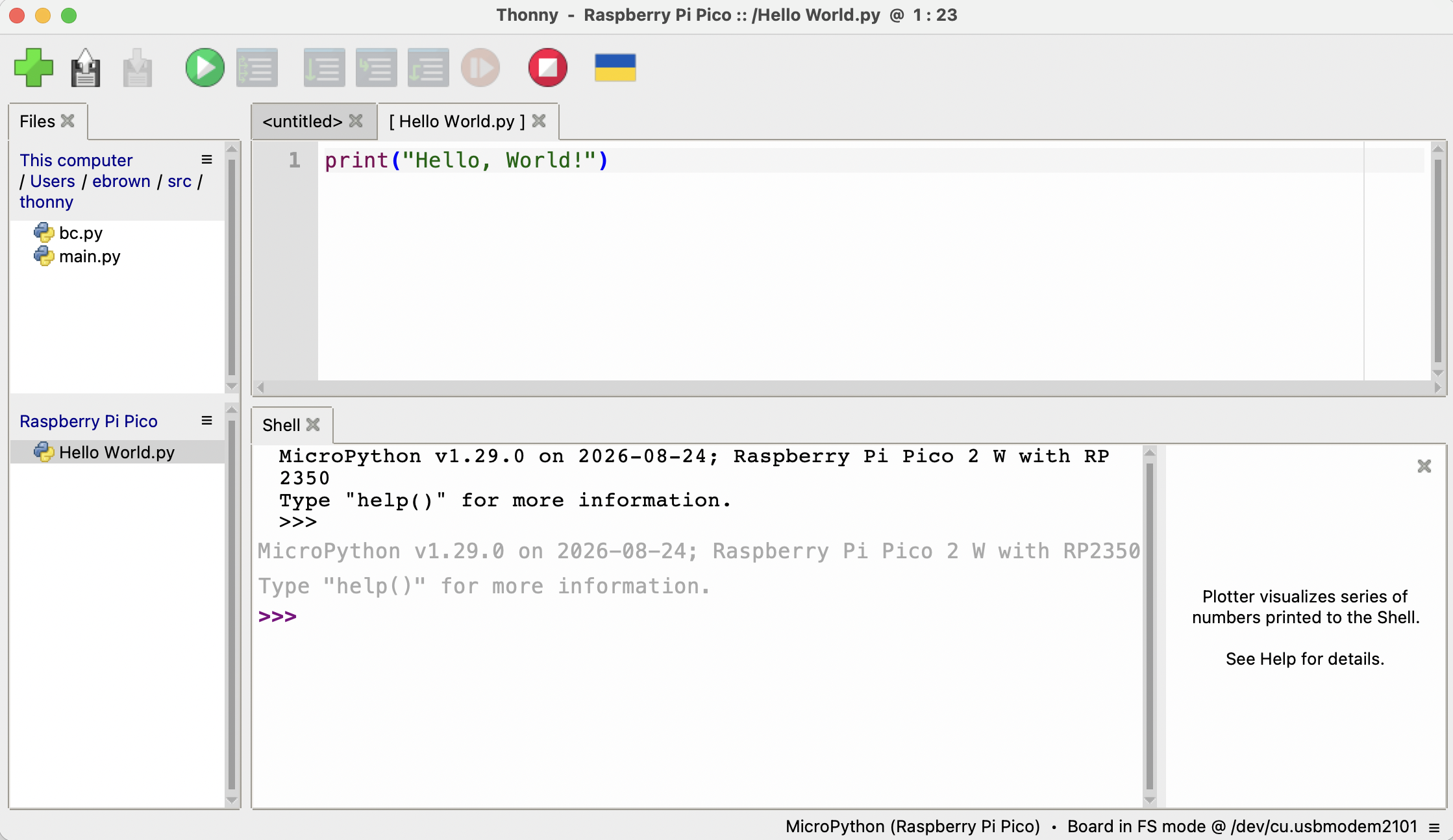 Thonny showing a file called Hello World.py open in the editor, listed under the Raspberry Pi Pico panel rather than This computer, with its output printed in the Shell below.