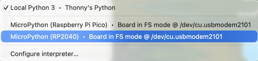 Thonny's interpreter menu listing MicroPython options for the connected board, with one highlighted.