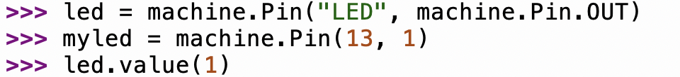Thonny's Shell showing led and myled created as Pin objects, and led.value(1) typed on the next line.