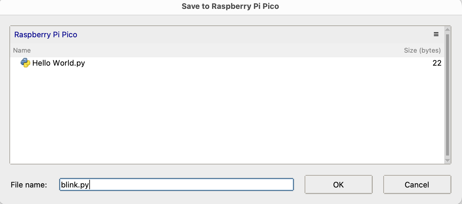 Thonny's Save to Raspberry Pi Pico dialog, listing the existing Hello World.py file, with blink.py typed into the File name field.