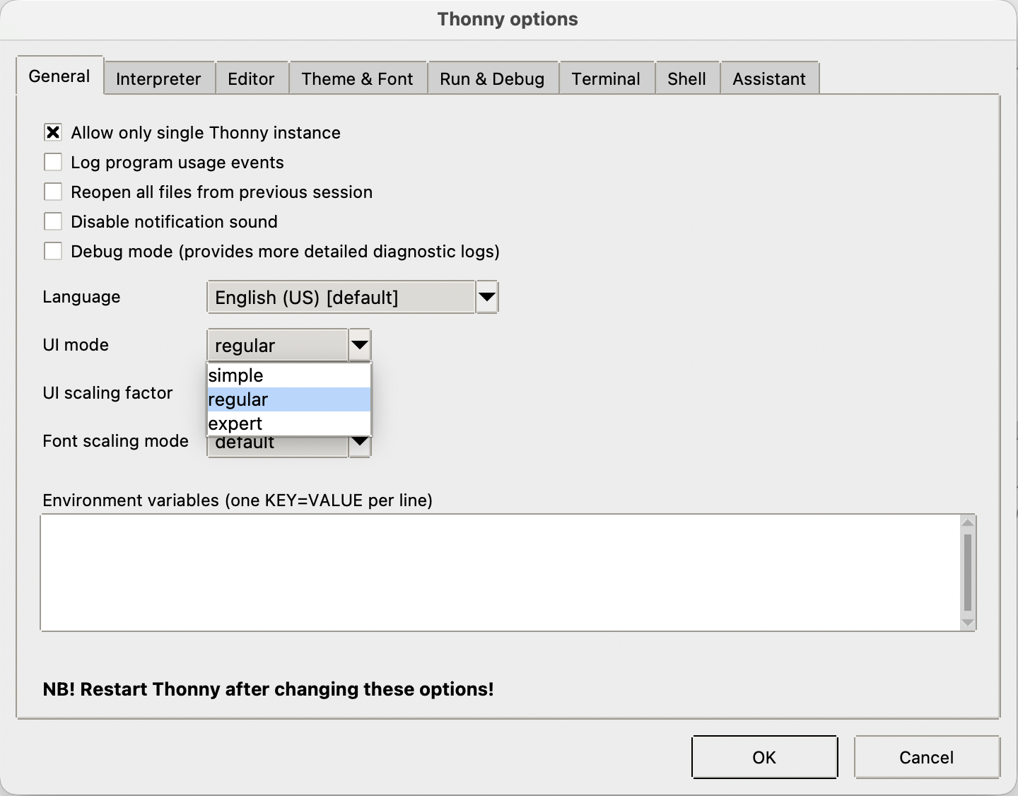 Thonny's General options tab with the UI mode dropdown open, showing simple, regular, and expert, with regular selected.