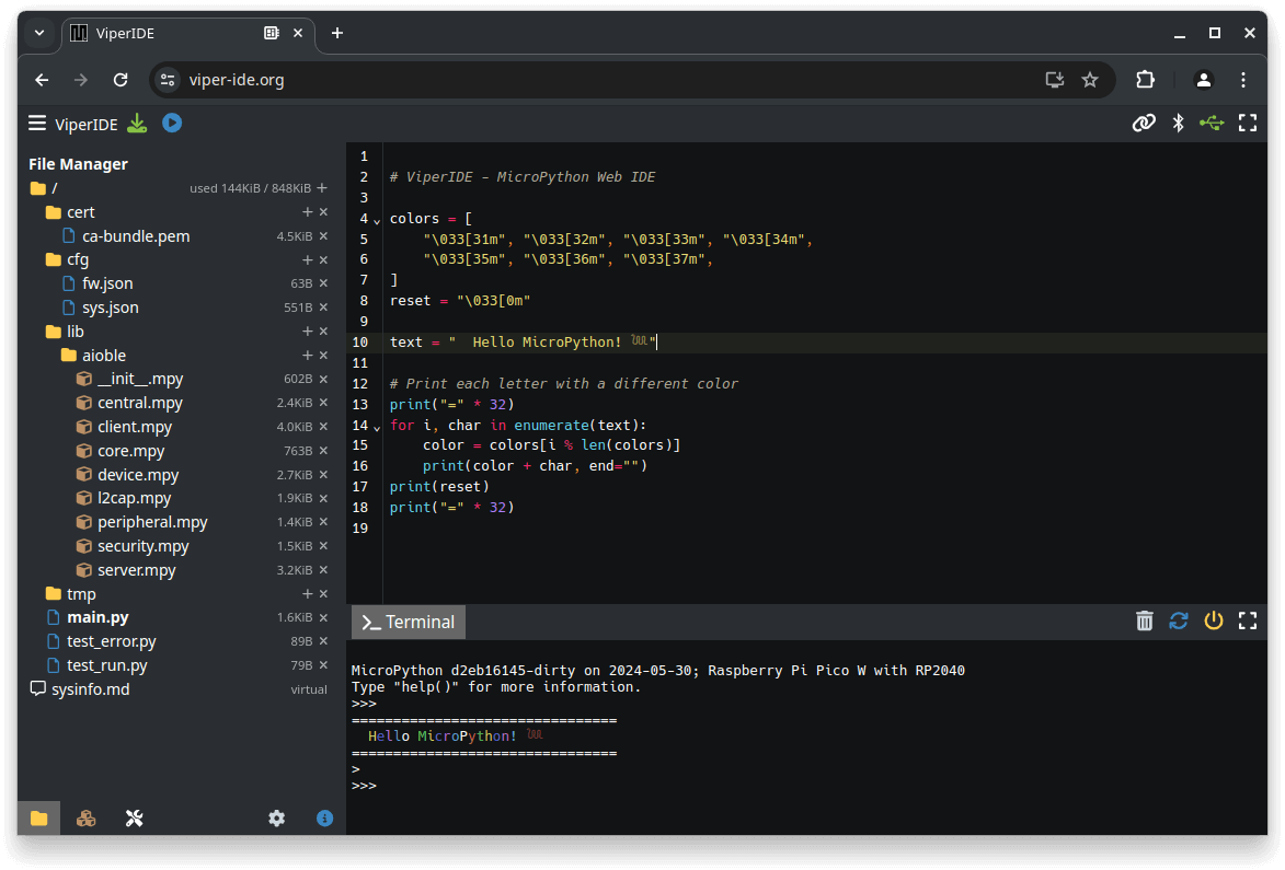 The ViperIDE interface: a File Manager pane on the left, a code editor top-right, and a Terminal pane bottom-right showing MicroPython REPL output.