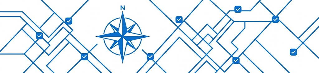 A compass rose over a map-grid of intersecting lines, with small checkmark badges marking several points on the grid