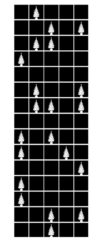 A grid of fifteen rows and five columns. Some cells are dark and empty; others show a small lit Christmas tree. Two rows are entirely dark, splitting the grid into three groups of letters.