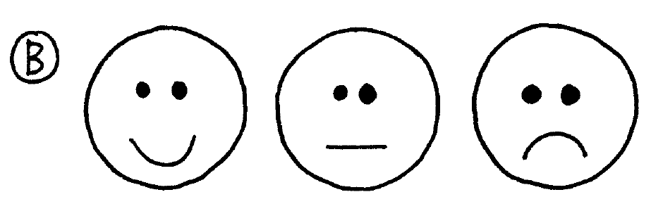 Three round faces in a row: happy, blank, and sad