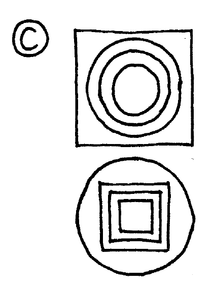 A square with several rings inside it, above a circle with several rings inside it