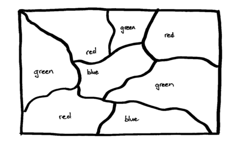 Solution to the top map on Map 2, countries labeled red, green, or blue.
