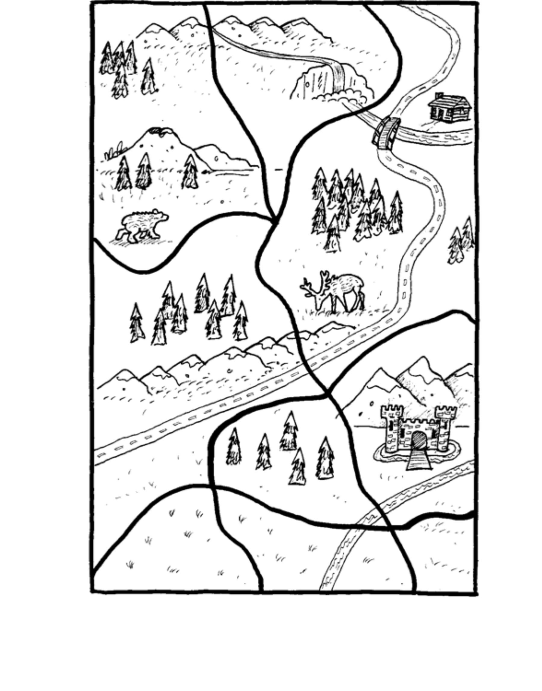 Map 1: a hand-drawn wilderness map divided into countries by mountains and rivers, ready to color.