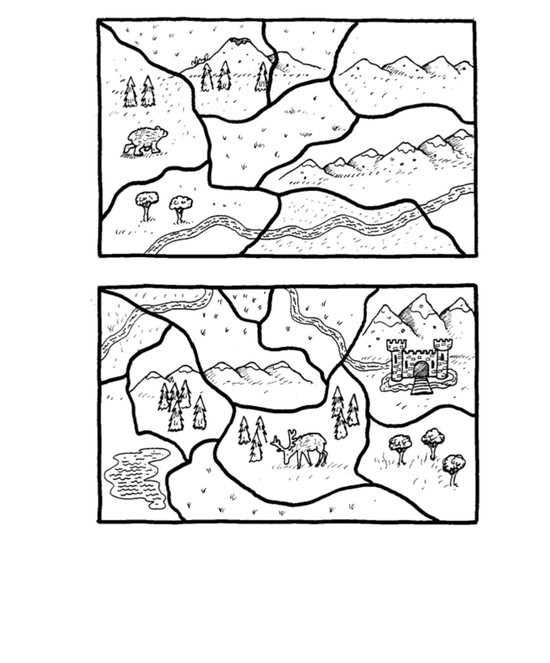 Map 2: two more hand-drawn wilderness maps stacked, ready to color.