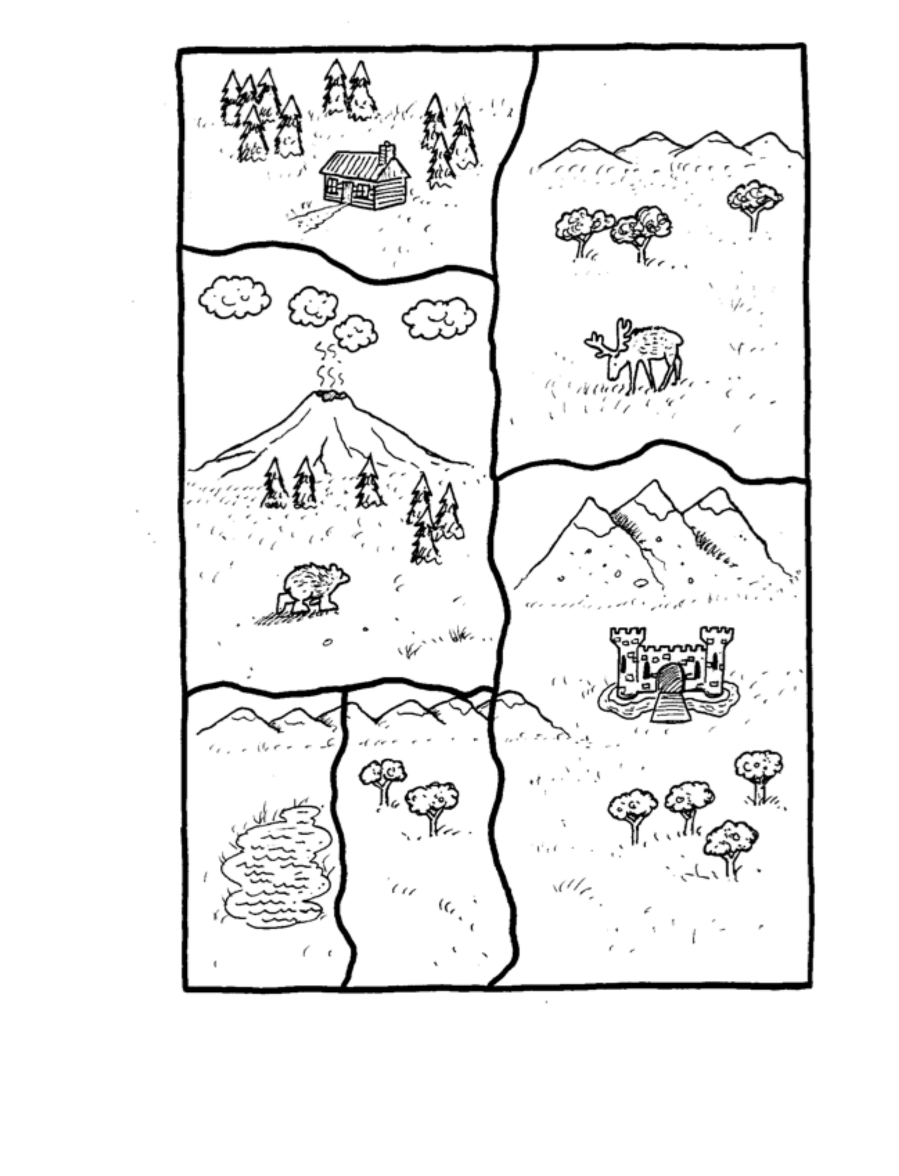 Map 3: a hand-drawn wilderness map divided into countries, ready to color.