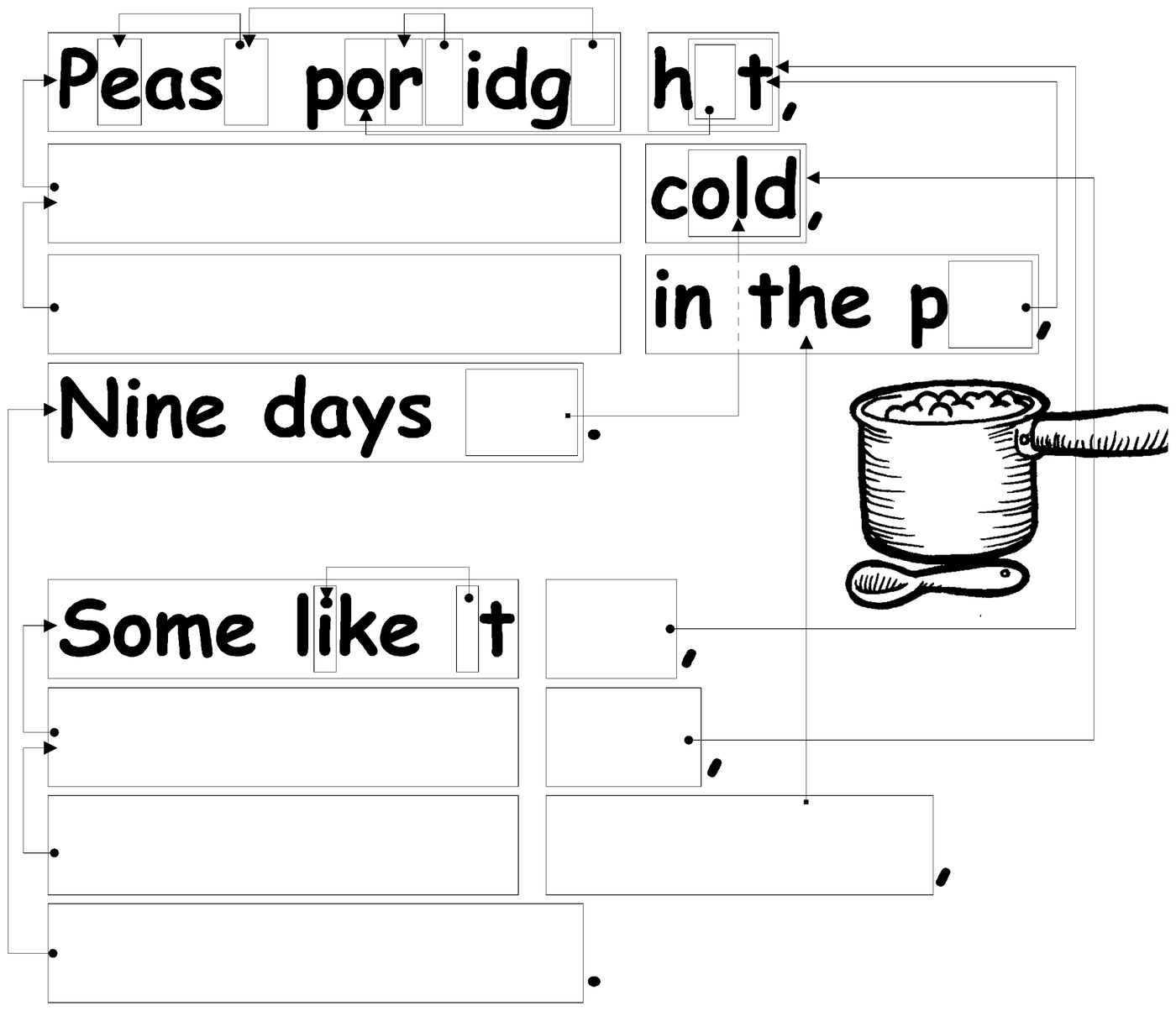 A hand drawn poem with several words missing letters. Small numbered boxes with arrows point back to the earlier place in the poem where the missing letters or words already appear, so the reader can copy them in.